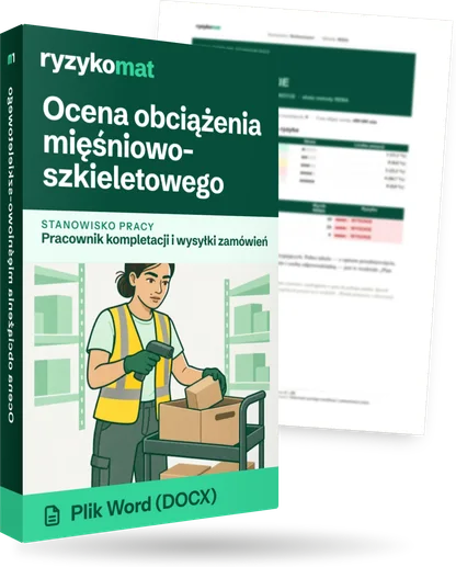 Pudełko dokumentu „Ocena obciążenia mięśniowo-szkieletowego” ze znakiem Ryzykomat i napisem „Plik Word (DOCX)” na froncie, ilustracja stanowiska „Pracownik kompletacji i wysyłki zamówień”; zza pudełka wystaje strona prawdziwego dokumentu z rozmytą treścią