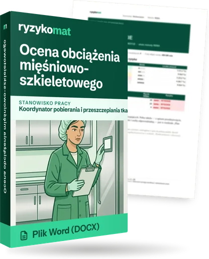 Pudełko dokumentu „Ocena obciążenia mięśniowo-szkieletowego” ze znakiem Ryzykomat i napisem „Plik Word (DOCX)” na froncie, ilustracja stanowiska „Koordynator pobierania i przeszczepiania tkanek i narządów”; zza pudełka wystaje strona prawdziwego dokumentu z rozmytą treścią