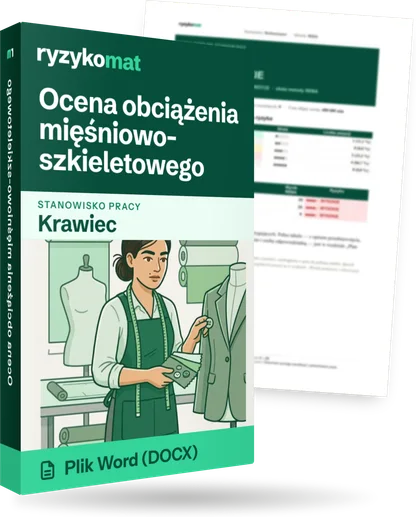 Pudełko dokumentu „Ocena obciążenia mięśniowo-szkieletowego” ze znakiem Ryzykomat i napisem „Plik Word (DOCX)” na froncie, ilustracja stanowiska „Krawiec”; zza pudełka wystaje strona prawdziwego dokumentu z rozmytą treścią