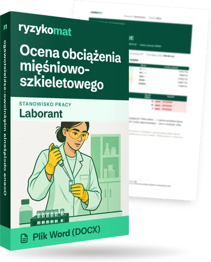Pudełko dokumentu „Ocena obciążenia mięśniowo-szkieletowego” ze znakiem Ryzykomat i napisem „Plik Word (DOCX)” na froncie, ilustracja stanowiska „Laborant”; zza pudełka wystaje strona prawdziwego dokumentu z rozmytą treścią