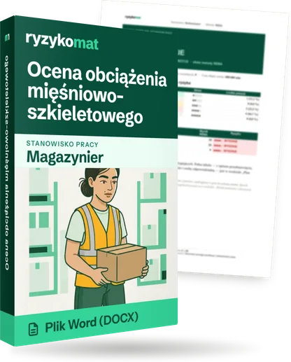 Pudełko dokumentu „Ocena obciążenia mięśniowo-szkieletowego” ze znakiem Ryzykomat i napisem „Plik Word (DOCX)” na froncie, ilustracja stanowiska „Magazynier”; zza pudełka wystaje strona prawdziwego dokumentu z rozmytą treścią