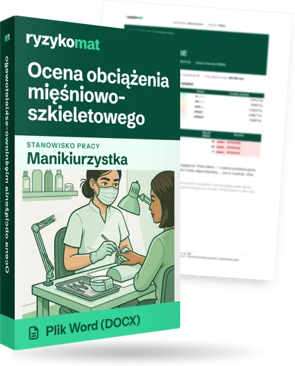 Pudełko dokumentu „Ocena obciążenia mięśniowo-szkieletowego” ze znakiem Ryzykomat i napisem „Plik Word (DOCX)” na froncie, ilustracja stanowiska „Manikiurzystka”; zza pudełka wystaje strona prawdziwego dokumentu z rozmytą treścią