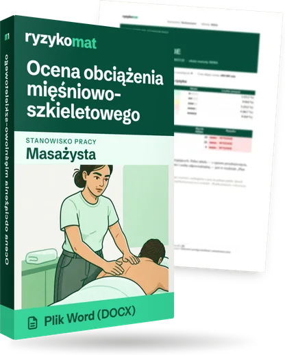 Pudełko dokumentu „Ocena obciążenia mięśniowo-szkieletowego” ze znakiem Ryzykomat i napisem „Plik Word (DOCX)” na froncie, ilustracja stanowiska „Masażysta”; zza pudełka wystaje strona prawdziwego dokumentu z rozmytą treścią