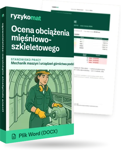Pudełko dokumentu „Ocena obciążenia mięśniowo-szkieletowego” ze znakiem Ryzykomat i napisem „Plik Word (DOCX)” na froncie, ilustracja stanowiska „Mechanik maszyn i urządzeń górnictwa podziemnego”; zza pudełka wystaje strona prawdziwego dokumentu z rozmytą treścią