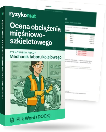 Pudełko dokumentu „Ocena obciążenia mięśniowo-szkieletowego” ze znakiem Ryzykomat i napisem „Plik Word (DOCX)” na froncie, ilustracja stanowiska „Mechanik taboru kolejowego”; zza pudełka wystaje strona prawdziwego dokumentu z rozmytą treścią