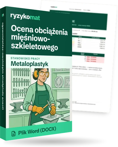 Pudełko dokumentu „Ocena obciążenia mięśniowo-szkieletowego” ze znakiem Ryzykomat i napisem „Plik Word (DOCX)” na froncie, ilustracja stanowiska „Metaloplastyk”; zza pudełka wystaje strona prawdziwego dokumentu z rozmytą treścią