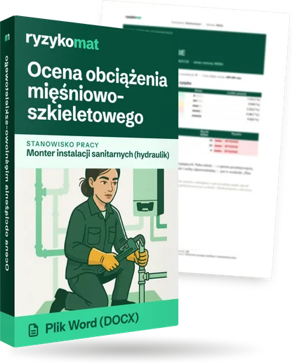 Pudełko dokumentu „Ocena obciążenia mięśniowo-szkieletowego” ze znakiem Ryzykomat i napisem „Plik Word (DOCX)” na froncie, ilustracja stanowiska „Monter instalacji sanitarnych (hydraulik)”; zza pudełka wystaje strona prawdziwego dokumentu z rozmytą treścią