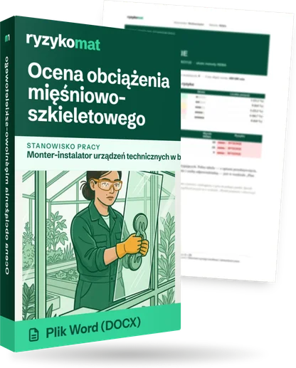 Pudełko dokumentu „Ocena obciążenia mięśniowo-szkieletowego” ze znakiem Ryzykomat i napisem „Plik Word (DOCX)” na froncie, ilustracja stanowiska „Monter-instalator urządzeń technicznych w budownictwie wiejskim”; zza pudełka wystaje strona prawdziwego dokumentu z rozmytą treścią