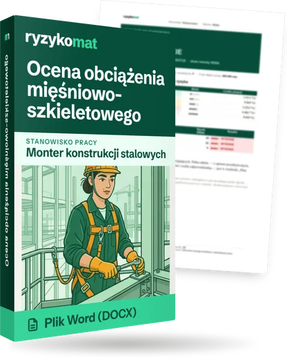 Pudełko dokumentu „Ocena obciążenia mięśniowo-szkieletowego” ze znakiem Ryzykomat i napisem „Plik Word (DOCX)” na froncie, ilustracja stanowiska „Monter konstrukcji stalowych”; zza pudełka wystaje strona prawdziwego dokumentu z rozmytą treścią