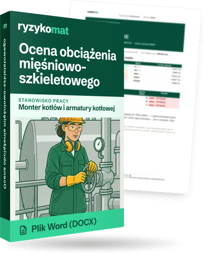 Pudełko dokumentu „Ocena obciążenia mięśniowo-szkieletowego” ze znakiem Ryzykomat i napisem „Plik Word (DOCX)” na froncie, ilustracja stanowiska „Monter kotłów i armatury kotłowej”; zza pudełka wystaje strona prawdziwego dokumentu z rozmytą treścią