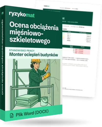 Pudełko dokumentu „Ocena obciążenia mięśniowo-szkieletowego” ze znakiem Ryzykomat i napisem „Plik Word (DOCX)” na froncie, ilustracja stanowiska „Monter ociepleń budynków”; zza pudełka wystaje strona prawdziwego dokumentu z rozmytą treścią