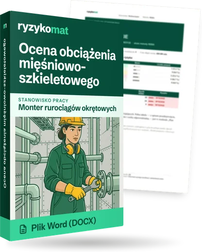 Pudełko dokumentu „Ocena obciążenia mięśniowo-szkieletowego” ze znakiem Ryzykomat i napisem „Plik Word (DOCX)” na froncie, ilustracja stanowiska „Monter rurociągów okrętowych”; zza pudełka wystaje strona prawdziwego dokumentu z rozmytą treścią