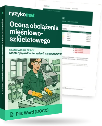 Pudełko dokumentu „Ocena obciążenia mięśniowo-szkieletowego” ze znakiem Ryzykomat i napisem „Plik Word (DOCX)” na froncie, ilustracja stanowiska „Monter pojazdów i urządzeń transportowych”; zza pudełka wystaje strona prawdziwego dokumentu z rozmytą treścią