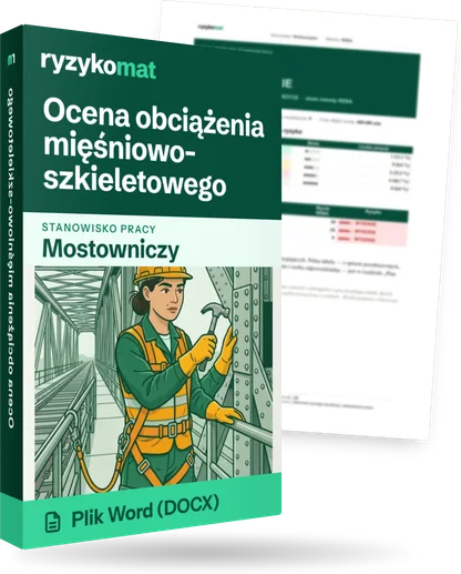 Pudełko dokumentu „Ocena obciążenia mięśniowo-szkieletowego” ze znakiem Ryzykomat i napisem „Plik Word (DOCX)” na froncie, ilustracja stanowiska „Mostowniczy”; zza pudełka wystaje strona prawdziwego dokumentu z rozmytą treścią