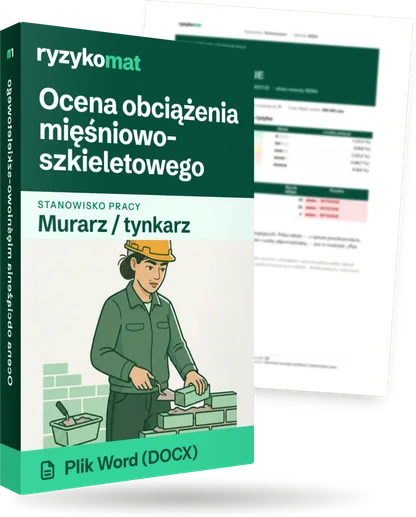 Pudełko dokumentu „Ocena obciążenia mięśniowo-szkieletowego” ze znakiem Ryzykomat i napisem „Plik Word (DOCX)” na froncie, ilustracja stanowiska „Murarz / tynkarz”; zza pudełka wystaje strona prawdziwego dokumentu z rozmytą treścią