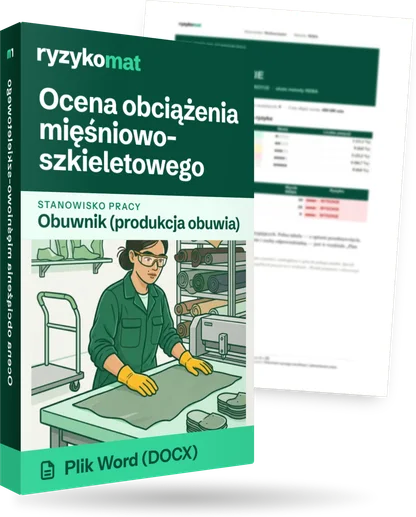 Pudełko dokumentu „Ocena obciążenia mięśniowo-szkieletowego” ze znakiem Ryzykomat i napisem „Plik Word (DOCX)” na froncie, ilustracja stanowiska „Obuwnik (produkcja obuwia)”; zza pudełka wystaje strona prawdziwego dokumentu z rozmytą treścią