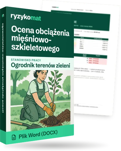 Pudełko dokumentu „Ocena obciążenia mięśniowo-szkieletowego” ze znakiem Ryzykomat i napisem „Plik Word (DOCX)” na froncie, ilustracja stanowiska „Ogrodnik terenów zieleni”; zza pudełka wystaje strona prawdziwego dokumentu z rozmytą treścią