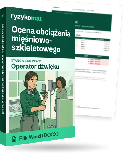 Pudełko dokumentu „Ocena obciążenia mięśniowo-szkieletowego” ze znakiem Ryzykomat i napisem „Plik Word (DOCX)” na froncie, ilustracja stanowiska „Operator dźwięku”; zza pudełka wystaje strona prawdziwego dokumentu z rozmytą treścią
