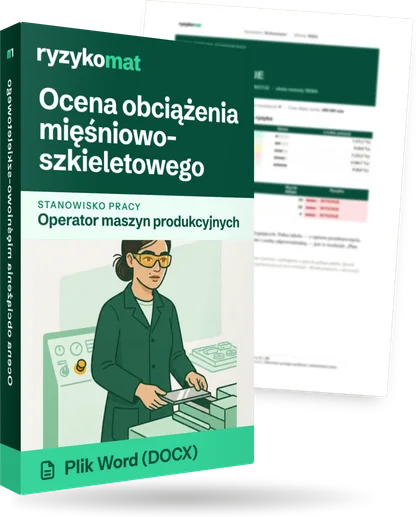 Pudełko dokumentu „Ocena obciążenia mięśniowo-szkieletowego” ze znakiem Ryzykomat i napisem „Plik Word (DOCX)” na froncie, ilustracja stanowiska „Operator maszyn produkcyjnych”; zza pudełka wystaje strona prawdziwego dokumentu z rozmytą treścią