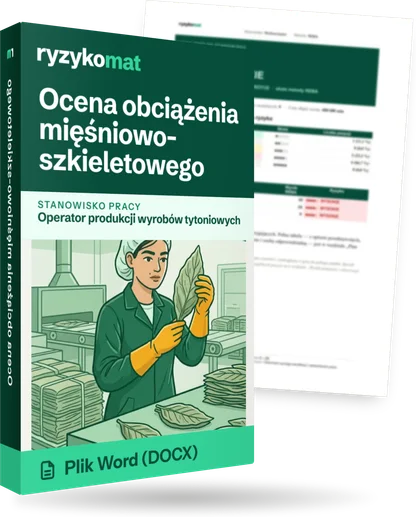 Pudełko dokumentu „Ocena obciążenia mięśniowo-szkieletowego” ze znakiem Ryzykomat i napisem „Plik Word (DOCX)” na froncie, ilustracja stanowiska „Operator produkcji wyrobów tytoniowych”; zza pudełka wystaje strona prawdziwego dokumentu z rozmytą treścią