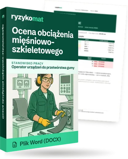 Pudełko dokumentu „Ocena obciążenia mięśniowo-szkieletowego” ze znakiem Ryzykomat i napisem „Plik Word (DOCX)” na froncie, ilustracja stanowiska „Operator urządzeń do przetwórstwa gumy”; zza pudełka wystaje strona prawdziwego dokumentu z rozmytą treścią