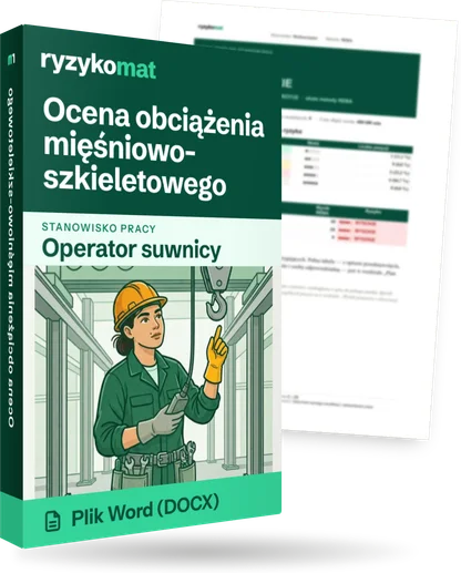 Pudełko dokumentu „Ocena obciążenia mięśniowo-szkieletowego” ze znakiem Ryzykomat i napisem „Plik Word (DOCX)” na froncie, ilustracja stanowiska „Operator suwnicy”; zza pudełka wystaje strona prawdziwego dokumentu z rozmytą treścią