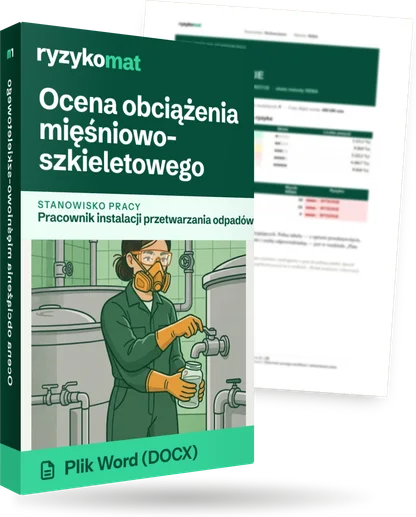 Pudełko dokumentu „Ocena obciążenia mięśniowo-szkieletowego” ze znakiem Ryzykomat i napisem „Plik Word (DOCX)” na froncie, ilustracja stanowiska „Pracownik instalacji przetwarzania odpadów”; zza pudełka wystaje strona prawdziwego dokumentu z rozmytą treścią