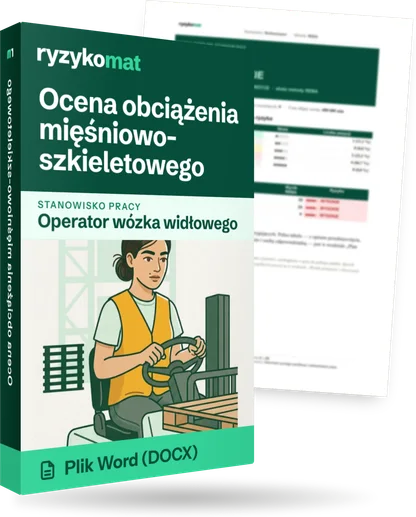Pudełko dokumentu „Ocena obciążenia mięśniowo-szkieletowego” ze znakiem Ryzykomat i napisem „Plik Word (DOCX)” na froncie, ilustracja stanowiska „Operator wózka widłowego”; zza pudełka wystaje strona prawdziwego dokumentu z rozmytą treścią