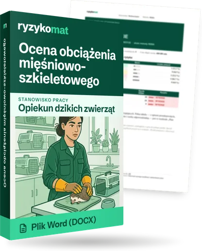 Pudełko dokumentu „Ocena obciążenia mięśniowo-szkieletowego” ze znakiem Ryzykomat i napisem „Plik Word (DOCX)” na froncie, ilustracja stanowiska „Opiekun dzikich zwierząt”; zza pudełka wystaje strona prawdziwego dokumentu z rozmytą treścią