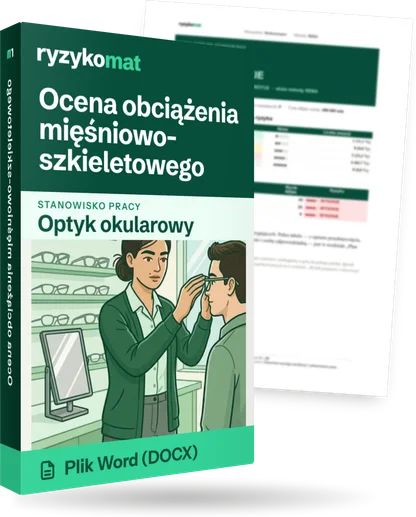 Pudełko dokumentu „Ocena obciążenia mięśniowo-szkieletowego” ze znakiem Ryzykomat i napisem „Plik Word (DOCX)” na froncie, ilustracja stanowiska „Optyk okularowy”; zza pudełka wystaje strona prawdziwego dokumentu z rozmytą treścią
