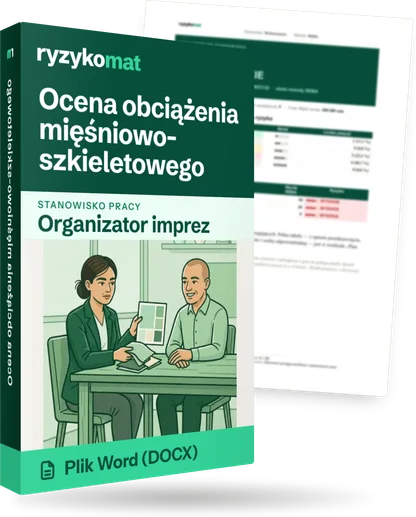Pudełko dokumentu „Ocena obciążenia mięśniowo-szkieletowego” ze znakiem Ryzykomat i napisem „Plik Word (DOCX)” na froncie, ilustracja stanowiska „Organizator imprez”; zza pudełka wystaje strona prawdziwego dokumentu z rozmytą treścią