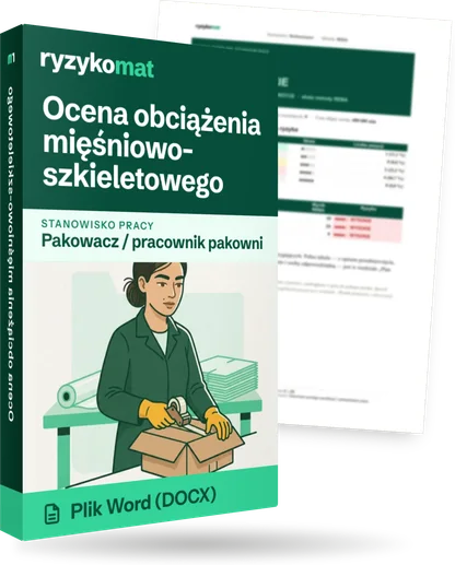 Pudełko dokumentu „Ocena obciążenia mięśniowo-szkieletowego” ze znakiem Ryzykomat i napisem „Plik Word (DOCX)” na froncie, ilustracja stanowiska „Pakowacz / pracownik pakowni”; zza pudełka wystaje strona prawdziwego dokumentu z rozmytą treścią