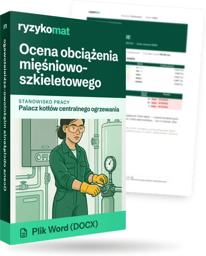 Pudełko dokumentu „Ocena obciążenia mięśniowo-szkieletowego” ze znakiem Ryzykomat i napisem „Plik Word (DOCX)” na froncie, ilustracja stanowiska „Palacz kotłów centralnego ogrzewania”; zza pudełka wystaje strona prawdziwego dokumentu z rozmytą treścią