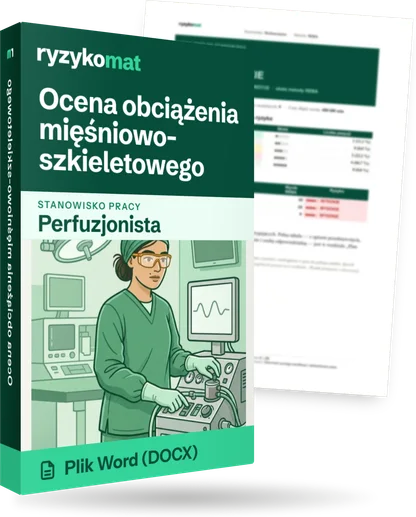 Pudełko dokumentu „Ocena obciążenia mięśniowo-szkieletowego” ze znakiem Ryzykomat i napisem „Plik Word (DOCX)” na froncie, ilustracja stanowiska „Perfuzjonista”; zza pudełka wystaje strona prawdziwego dokumentu z rozmytą treścią