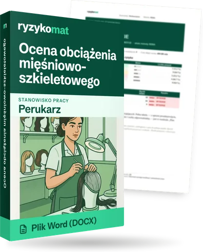 Pudełko dokumentu „Ocena obciążenia mięśniowo-szkieletowego” ze znakiem Ryzykomat i napisem „Plik Word (DOCX)” na froncie, ilustracja stanowiska „Perukarz”; zza pudełka wystaje strona prawdziwego dokumentu z rozmytą treścią