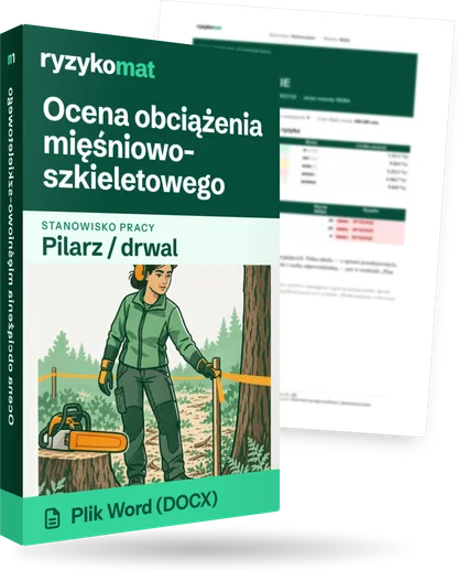 Pudełko dokumentu „Ocena obciążenia mięśniowo-szkieletowego” ze znakiem Ryzykomat i napisem „Plik Word (DOCX)” na froncie, ilustracja stanowiska „Pilarz / drwal”; zza pudełka wystaje strona prawdziwego dokumentu z rozmytą treścią