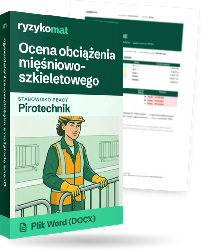 Pudełko dokumentu „Ocena obciążenia mięśniowo-szkieletowego” ze znakiem Ryzykomat i napisem „Plik Word (DOCX)” na froncie, ilustracja stanowiska „Pirotechnik”; zza pudełka wystaje strona prawdziwego dokumentu z rozmytą treścią