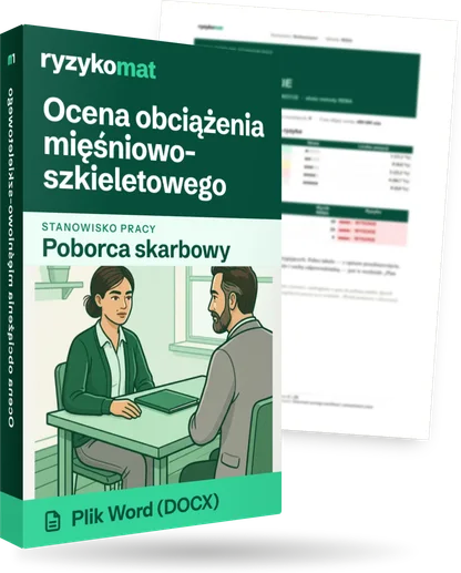 Pudełko dokumentu „Ocena obciążenia mięśniowo-szkieletowego” ze znakiem Ryzykomat i napisem „Plik Word (DOCX)” na froncie, ilustracja stanowiska „Poborca skarbowy”; zza pudełka wystaje strona prawdziwego dokumentu z rozmytą treścią
