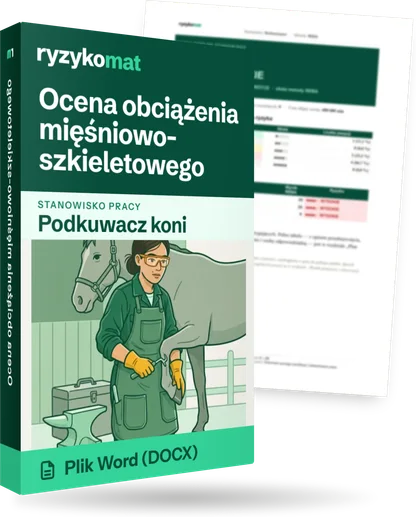 Pudełko dokumentu „Ocena obciążenia mięśniowo-szkieletowego” ze znakiem Ryzykomat i napisem „Plik Word (DOCX)” na froncie, ilustracja stanowiska „Podkuwacz koni”; zza pudełka wystaje strona prawdziwego dokumentu z rozmytą treścią