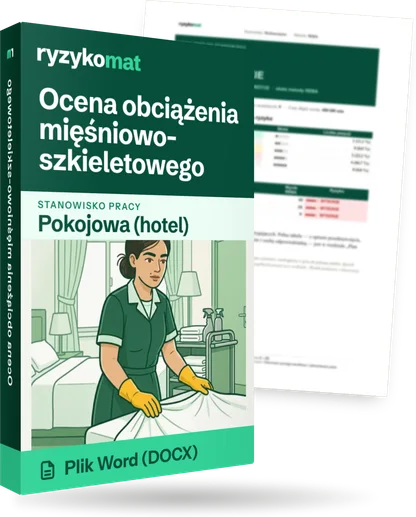 Pudełko dokumentu „Ocena obciążenia mięśniowo-szkieletowego” ze znakiem Ryzykomat i napisem „Plik Word (DOCX)” na froncie, ilustracja stanowiska „Pokojowa (hotel)”; zza pudełka wystaje strona prawdziwego dokumentu z rozmytą treścią