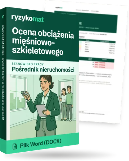 Pudełko dokumentu „Ocena obciążenia mięśniowo-szkieletowego” ze znakiem Ryzykomat i napisem „Plik Word (DOCX)” na froncie, ilustracja stanowiska „Pośrednik nieruchomości”; zza pudełka wystaje strona prawdziwego dokumentu z rozmytą treścią