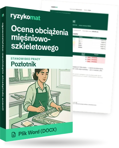 Pudełko dokumentu „Ocena obciążenia mięśniowo-szkieletowego” ze znakiem Ryzykomat i napisem „Plik Word (DOCX)” na froncie, ilustracja stanowiska „Pozłotnik”; zza pudełka wystaje strona prawdziwego dokumentu z rozmytą treścią