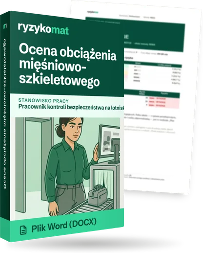 Pudełko dokumentu „Ocena obciążenia mięśniowo-szkieletowego” ze znakiem Ryzykomat i napisem „Plik Word (DOCX)” na froncie, ilustracja stanowiska „Pracownik kontroli bezpieczeństwa na lotnisku”; zza pudełka wystaje strona prawdziwego dokumentu z rozmytą treścią