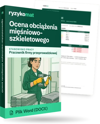 Pudełko dokumentu „Ocena obciążenia mięśniowo-szkieletowego” ze znakiem Ryzykomat i napisem „Plik Word (DOCX)” na froncie, ilustracja stanowiska „Pracownik firmy przeprowadzkowej”; zza pudełka wystaje strona prawdziwego dokumentu z rozmytą treścią