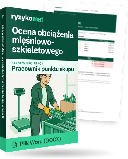 Pudełko dokumentu „Ocena obciążenia mięśniowo-szkieletowego” ze znakiem Ryzykomat i napisem „Plik Word (DOCX)” na froncie, ilustracja stanowiska „Pracownik punktu skupu”; zza pudełka wystaje strona prawdziwego dokumentu z rozmytą treścią