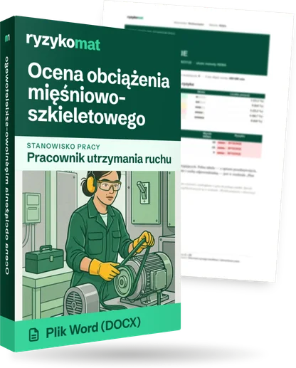 Pudełko dokumentu „Ocena obciążenia mięśniowo-szkieletowego” ze znakiem Ryzykomat i napisem „Plik Word (DOCX)” na froncie, ilustracja stanowiska „Pracownik utrzymania ruchu”; zza pudełka wystaje strona prawdziwego dokumentu z rozmytą treścią