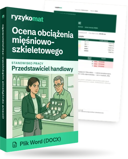 Pudełko dokumentu „Ocena obciążenia mięśniowo-szkieletowego” ze znakiem Ryzykomat i napisem „Plik Word (DOCX)” na froncie, ilustracja stanowiska „Przedstawiciel handlowy”; zza pudełka wystaje strona prawdziwego dokumentu z rozmytą treścią