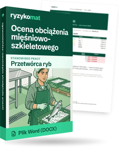 Pudełko dokumentu „Ocena obciążenia mięśniowo-szkieletowego” ze znakiem Ryzykomat i napisem „Plik Word (DOCX)” na froncie, ilustracja stanowiska „Przetwórca ryb”; zza pudełka wystaje strona prawdziwego dokumentu z rozmytą treścią