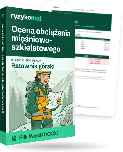 Pudełko dokumentu „Ocena obciążenia mięśniowo-szkieletowego” ze znakiem Ryzykomat i napisem „Plik Word (DOCX)” na froncie, ilustracja stanowiska „Ratownik górski”; zza pudełka wystaje strona prawdziwego dokumentu z rozmytą treścią