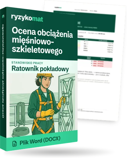 Pudełko dokumentu „Ocena obciążenia mięśniowo-szkieletowego” ze znakiem Ryzykomat i napisem „Plik Word (DOCX)” na froncie, ilustracja stanowiska „Ratownik pokładowy”; zza pudełka wystaje strona prawdziwego dokumentu z rozmytą treścią